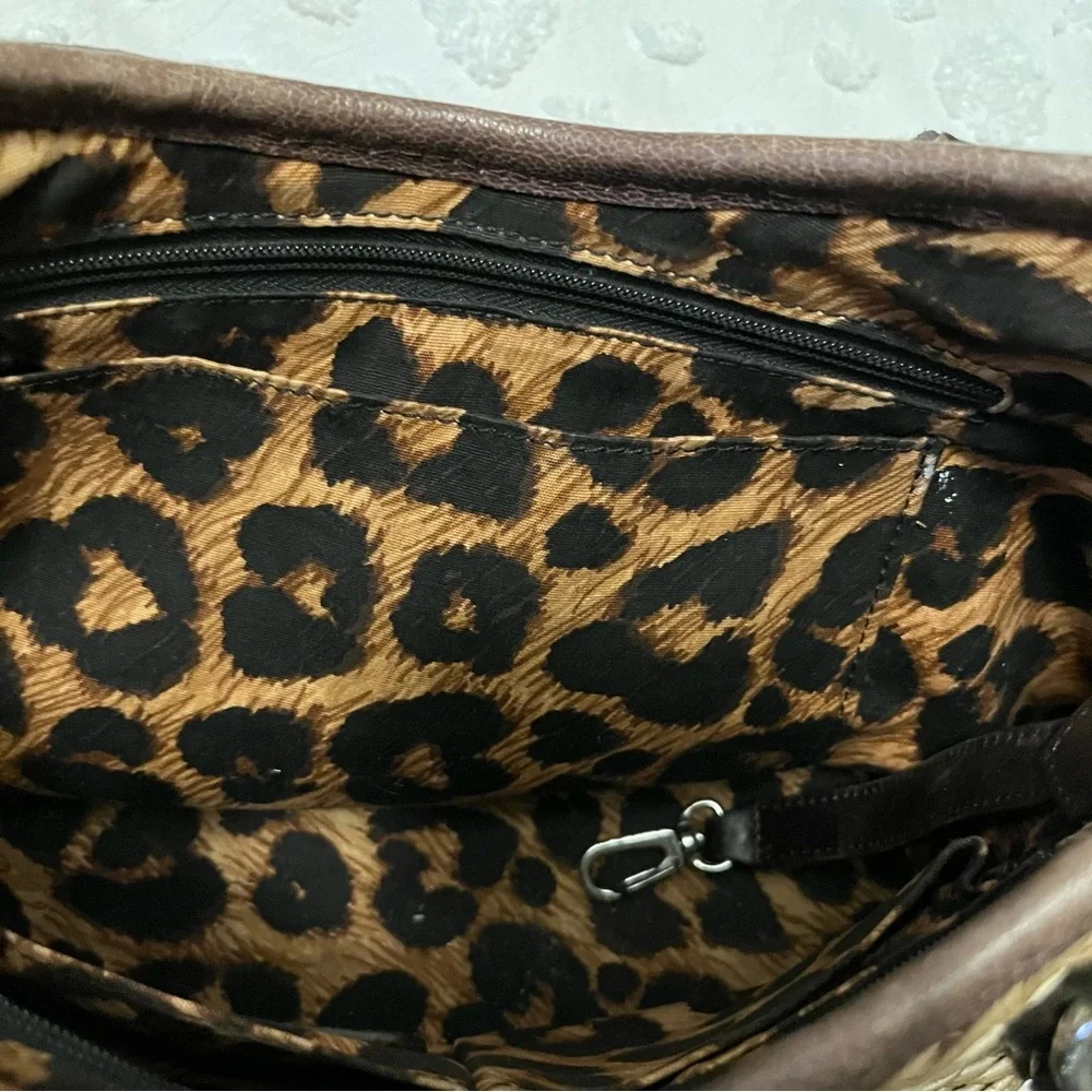 Brighton Basket Weave Brown Leather Braided Straps Croc Embossed Shoulder Bag